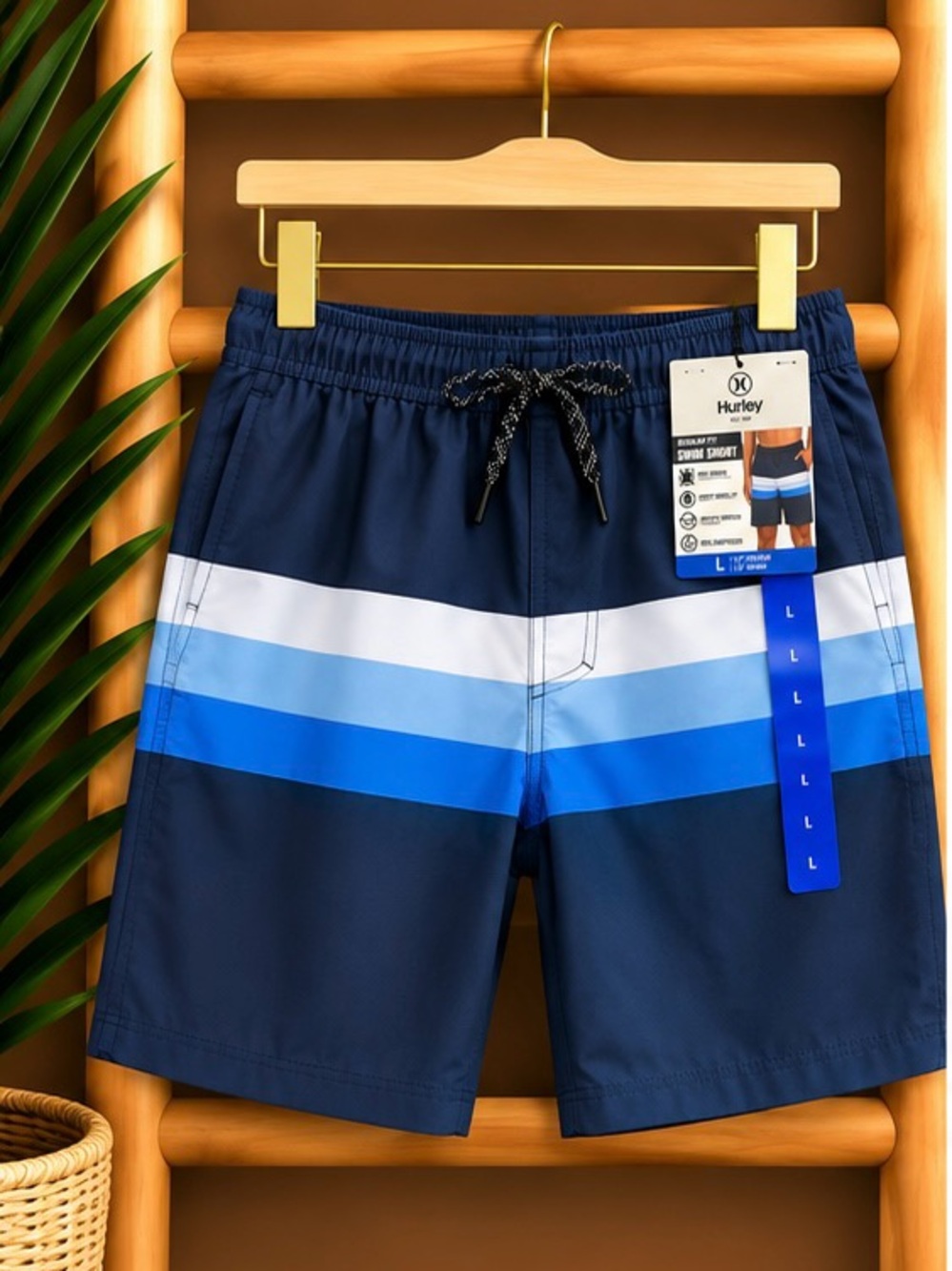 Hurley Men’s Blue Stripe Swim Trunks Size Large NWT